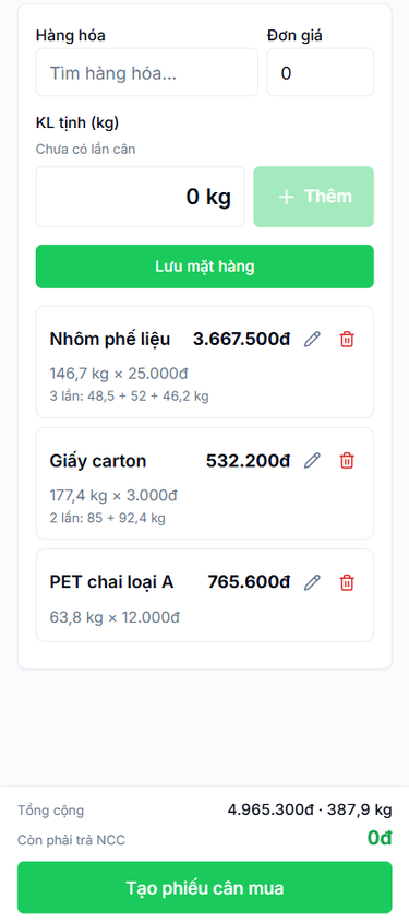 Phiếu cân mua trên điện thoại: nhôm cân 3 lần, giấy carton cân 2 lần, chai PET, tổng 4.965.300 đồng